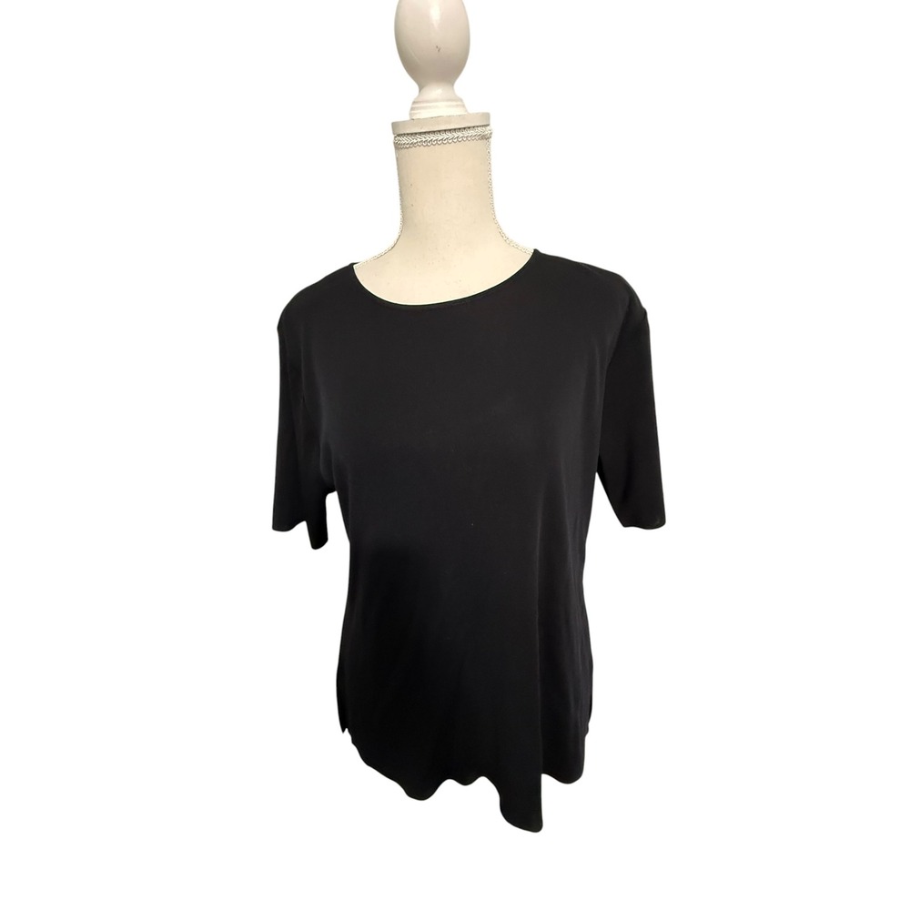 Misook Black Knit Short Sleeve Top Round Neck Side Slit Acrylic Size S